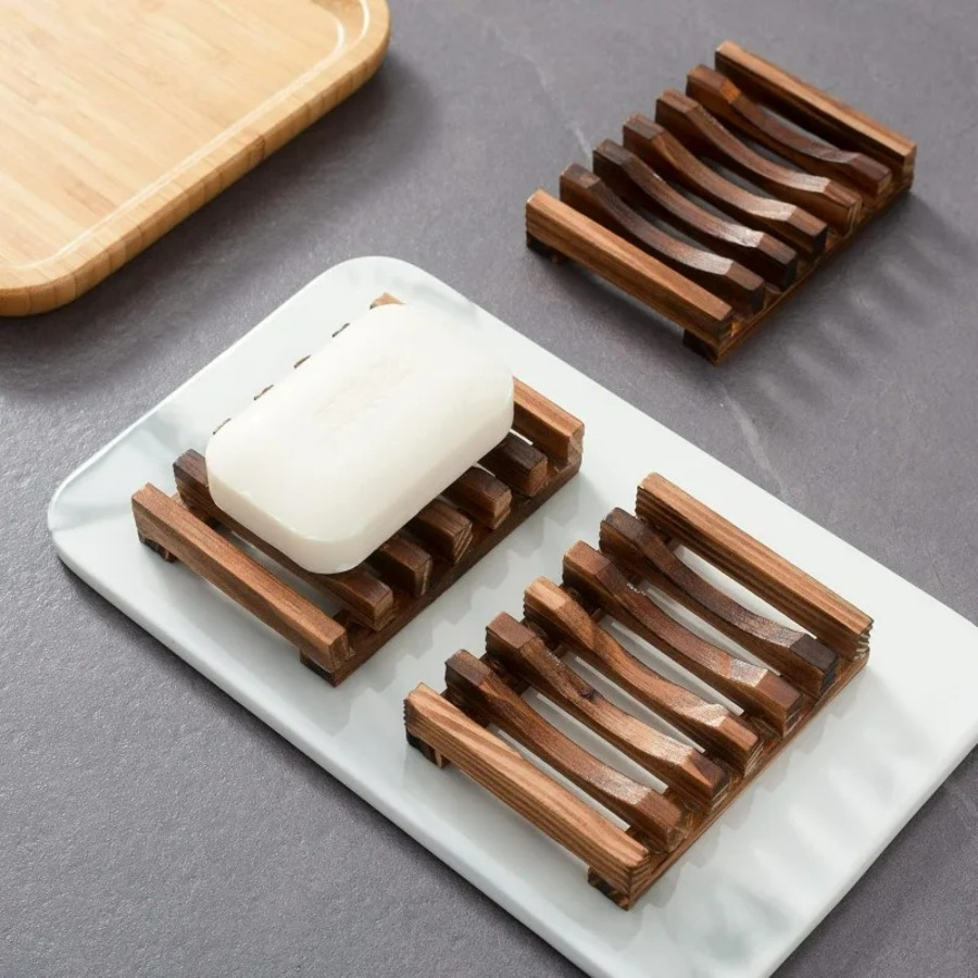 Food Storage Organiser - طبق صابون خشبي للحمام للاستحمام، تصميم